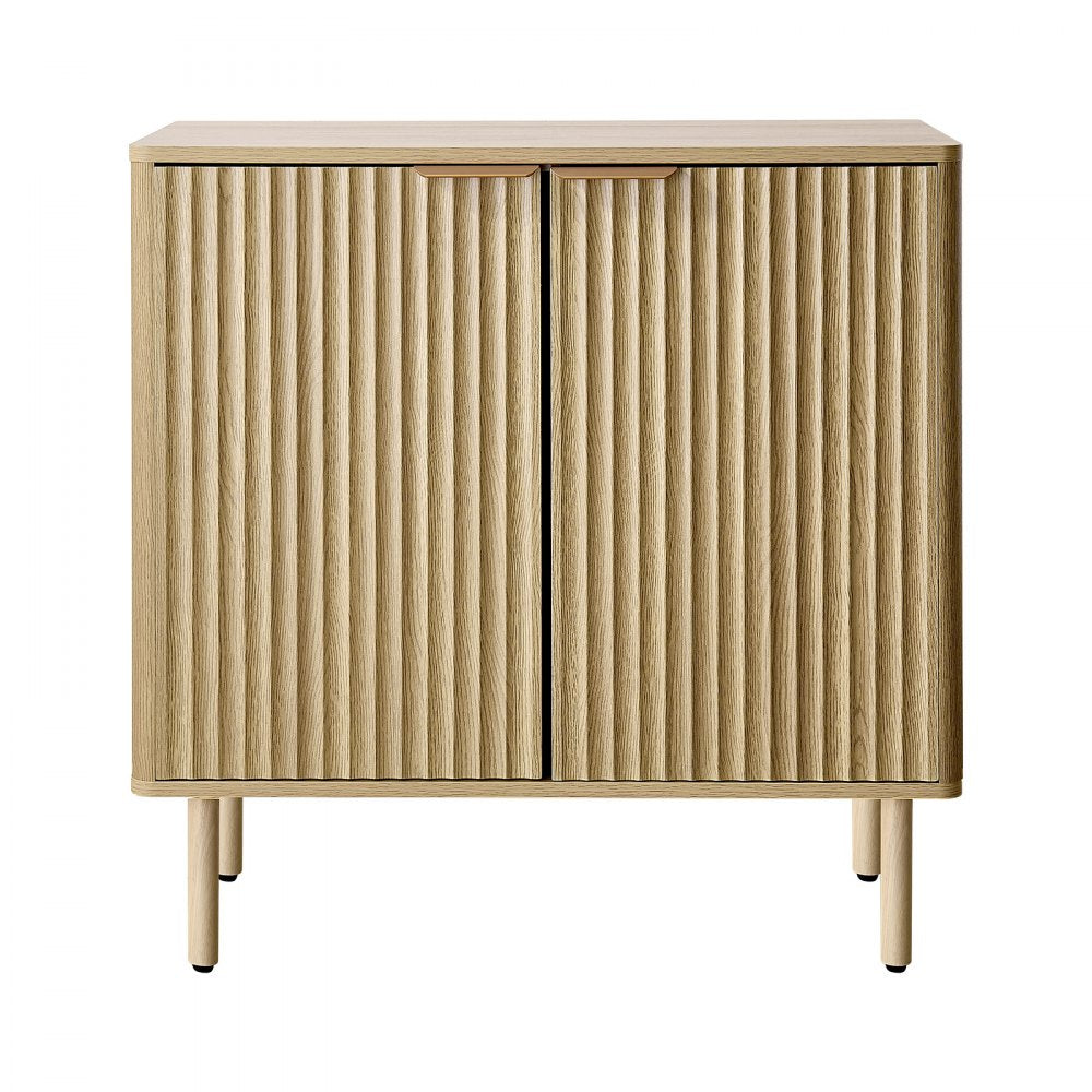 VEVOR Coffee Bar Cabinet, Mid Century Fluted Coffee Bar Table with 2-Tier Storage, Buffet Stand Cabinet with 2 Barn Door, Sideboard Buffet Station for Living Room, Entryway, 31.5 x 14.7 x 31.5 in, Oak