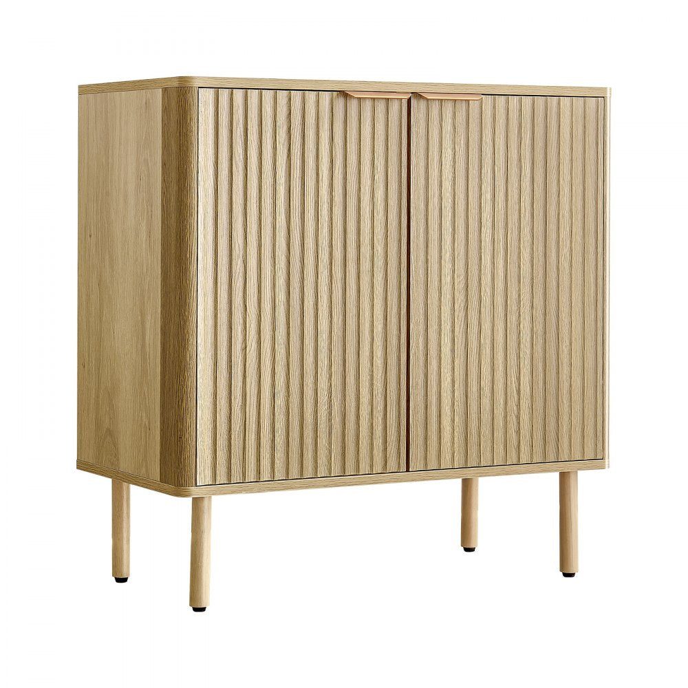 VEVOR Coffee Bar Cabinet, Mid Century Fluted Coffee Bar Table with 2-Tier Storage, Buffet Stand Cabinet with 2 Barn Door, Sideboard Buffet Station for Living Room, Entryway, 31.5 x 14.7 x 31.5 in, Oak
