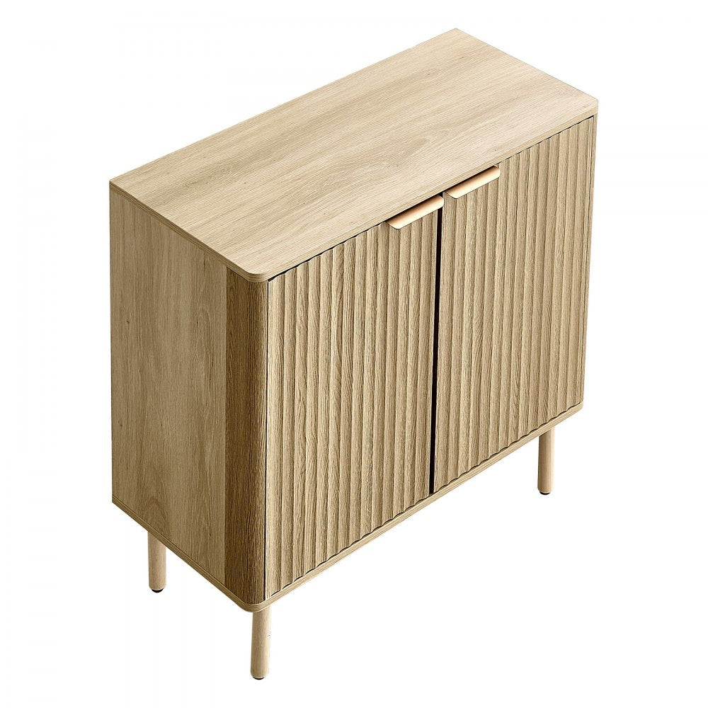 VEVOR Coffee Bar Cabinet, Mid Century Fluted Coffee Bar Table with 2-Tier Storage, Buffet Stand Cabinet with 2 Barn Door, Sideboard Buffet Station for Living Room, Entryway, 31.5 x 14.7 x 31.5 in, Oak