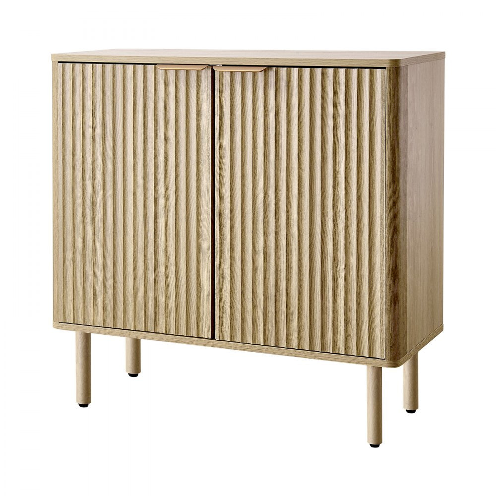 VEVOR Coffee Bar Cabinet, Mid Century Fluted Coffee Bar Table with 2-Tier Storage, Buffet Stand Cabinet with 2 Barn Door, Sideboard Buffet Station for Living Room, Entryway, 31.5 x 14.7 x 31.5 in, Oak