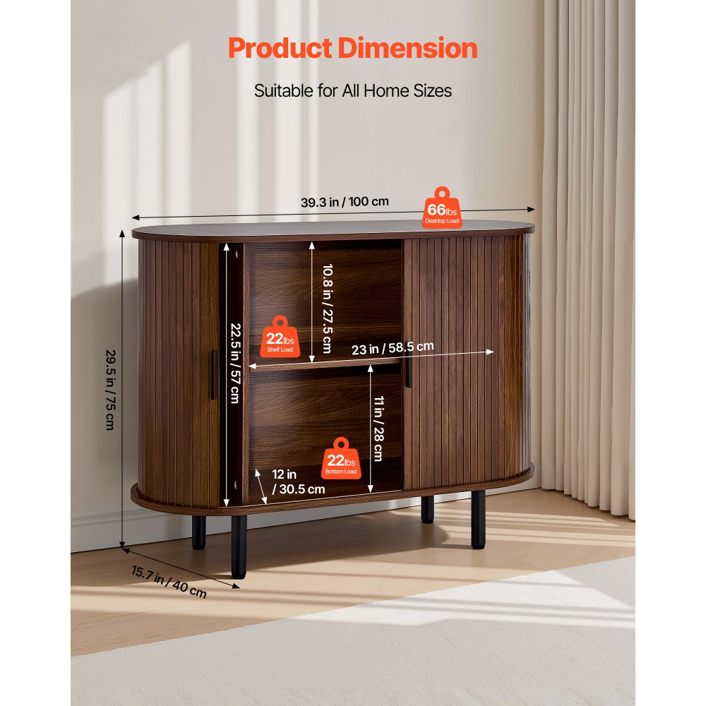 VEVOR Coffee Bar Cabinet, Mid Century Fluted Coffee Bar Table, Buffet Stand Cabinet with 2 Sliding Doors, Sideboard Buffet Station for Living Room, Entryway, Kitchen, 39.3 x 15.7 x 29.5 in, Walnut