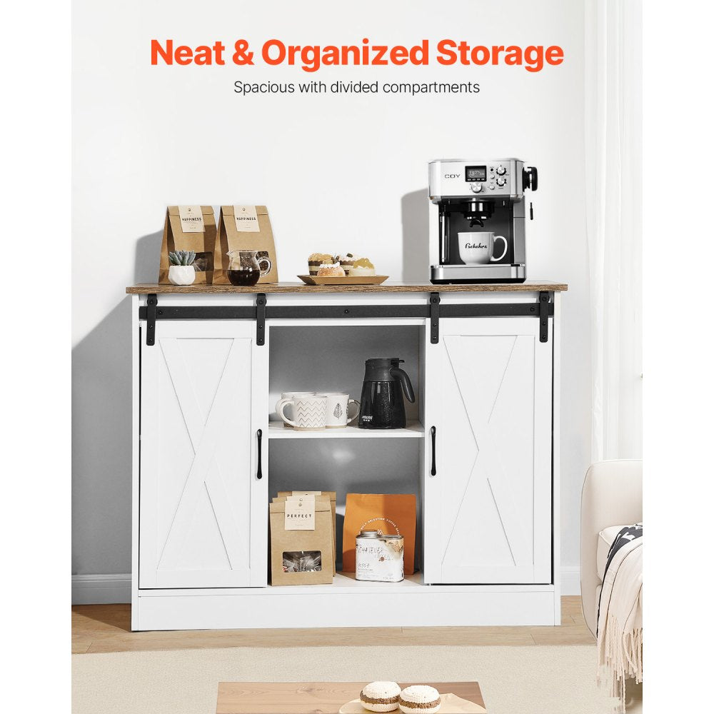 VEVOR Coffee Bar Cabinet, 41.8 x 15.8 x 32.1 in Farmhouse Coffee Bar Cabinet with 3-Tier Storage, Coffee Bar Table with Barn Doors, Farmhouse Sideboard Buffet Cabinet for Living Room, Entryway