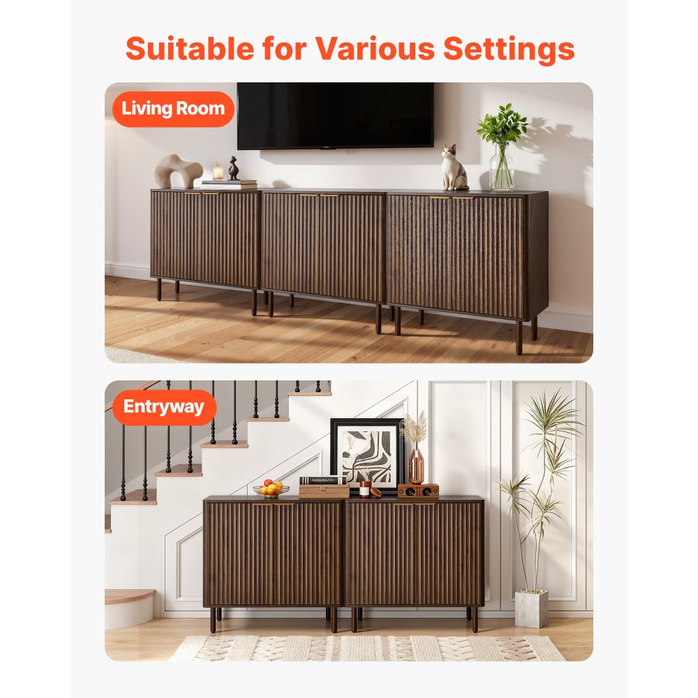 VEVOR Coffee Bar Cabinet, Mid Century Fluted Coffee Bar Table with 2-Tier Storage, Buffet Stand Cabinet with Barn Door, Sideboard Buffet Station for Living Room, Entryway, 31.5 x 14.7 x 31.5 in Walnut