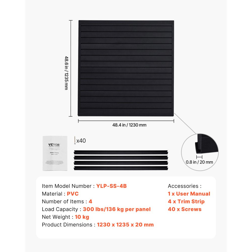 VEVOR Slat Wall Paneling, 4 x 4 ft, PVC Garage Slatwall with Modular Design, Black Slat Wall Easy-to-Install Adjustable Slatwall Panel with Coupling Structure & DIY Cutting, Fits for Storage & Display