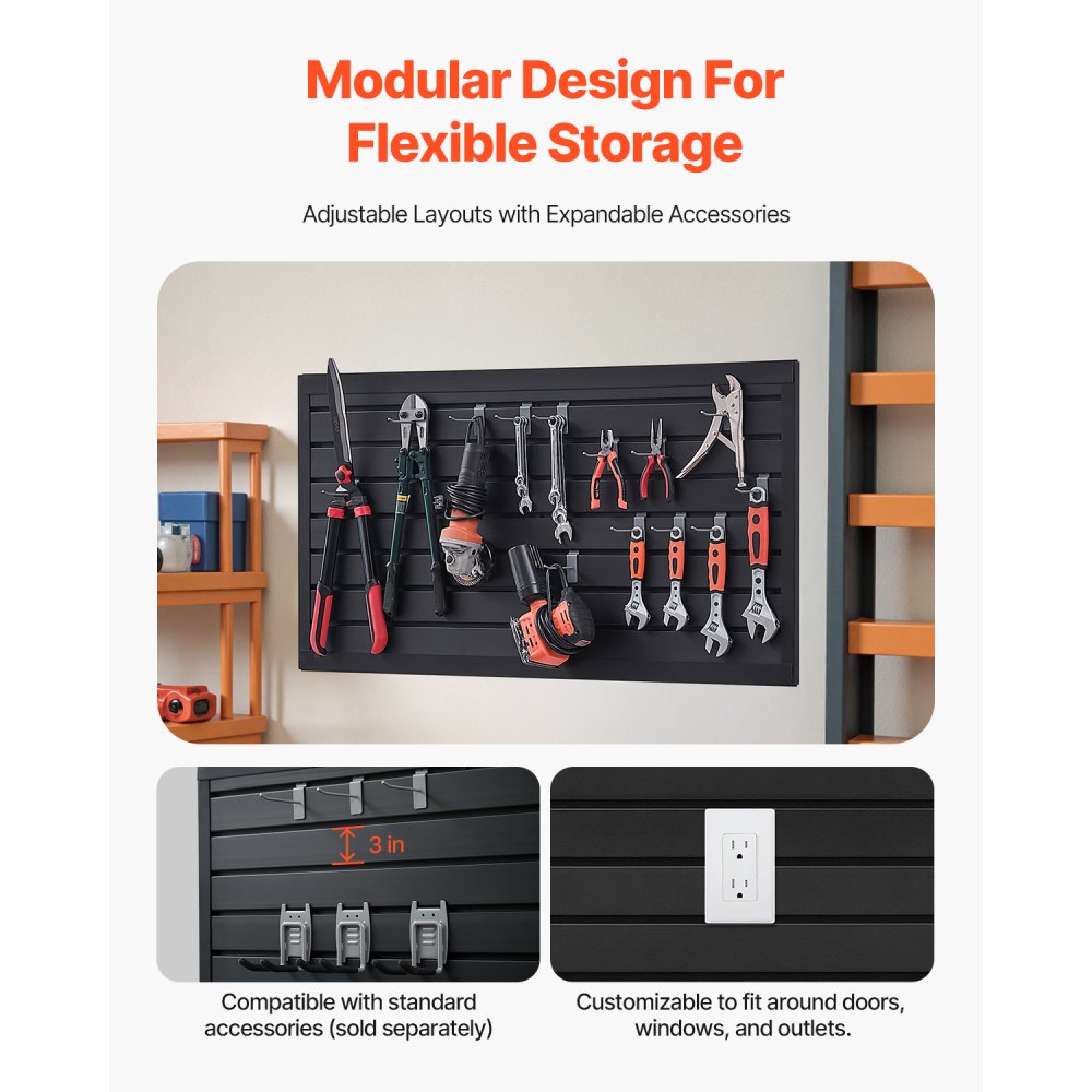 VEVOR Slat Wall Paneling, 2 x 4 ft, PVC Garage Slatwall with Modular Design, Black Slat Wall Easy-to-Install Adjustable Slatwall Panel with Coupling Structure & DIY Cutting, Fits for Storage & Display