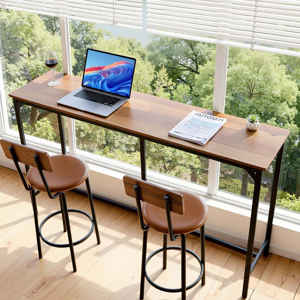 VEVOR Bar Table, 1PCS 53″ Kitchen Bar Table, Tall Dining Tables with Rounded Edge, Rectangular High Top Kitchen Tables for Balcony, Living Room, Light Brown, Black, Extended Horizontal Design