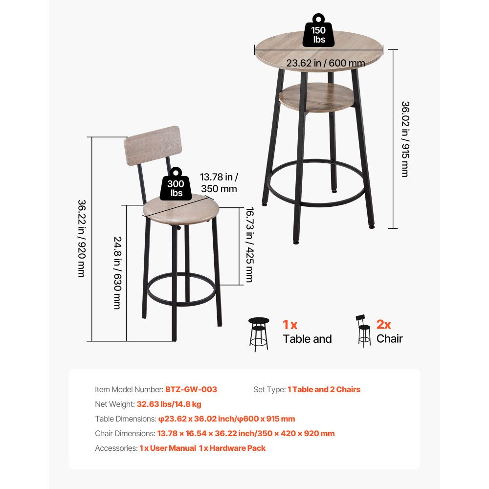 VEVOR Bar Table, 3PCS 23.5″ Bars Tables Set, Bar Tables and Chair Set with Rounded Corner Design, Round Pub Table with Two Stools for Office Desk, Breakfast Corner, Mini Bars, Light Gray, Black