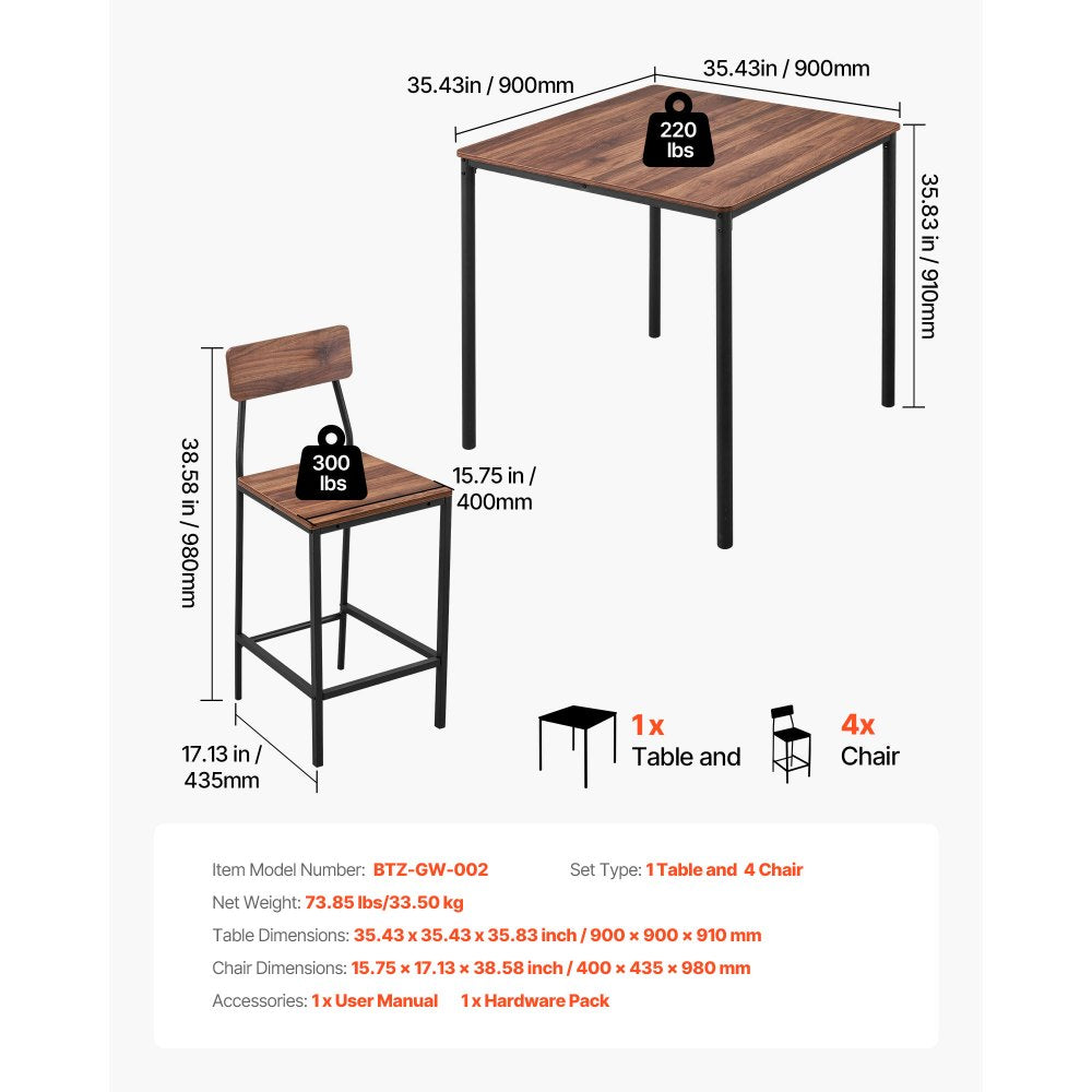 VEVOR Bar Table, 5PCS 35″ Bars Tables Set, Bar Tables and Chair Set with Rounded Edge Design, Square Pub Table with Four Stools for Living Room, Dining Room, Kitchen, Walnut Color, Black