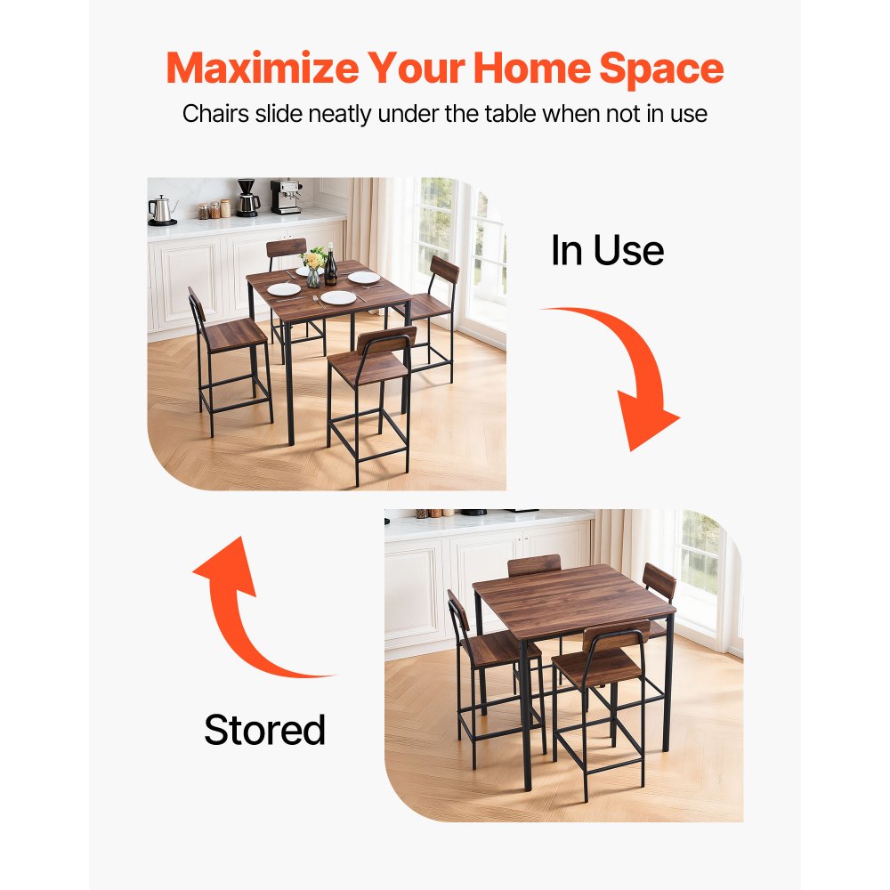 VEVOR Bar Table, 5PCS 35″ Bars Tables Set, Bar Tables and Chair Set with Rounded Edge Design, Square Pub Table with Four Stools for Living Room, Dining Room, Kitchen, Walnut Color, Black