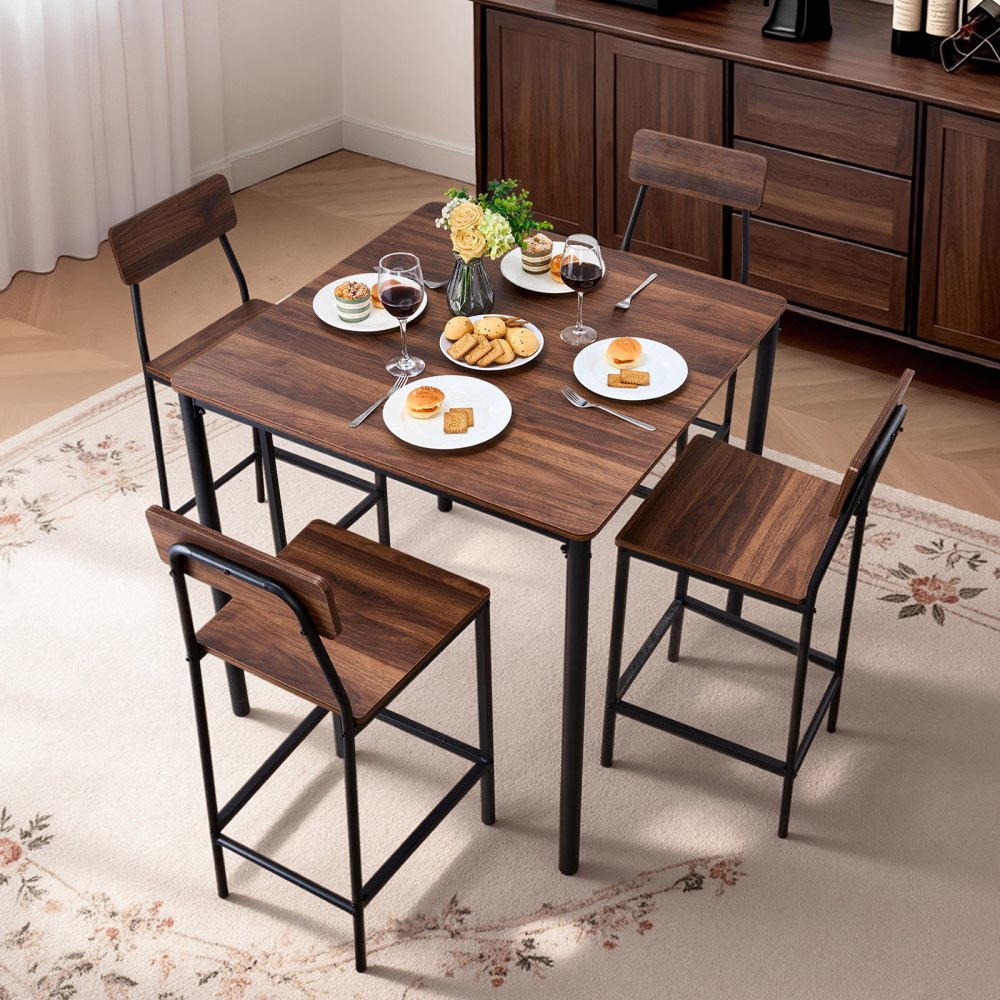 VEVOR Bar Table, 5PCS 35″ Bars Tables Set, Bar Tables and Chair Set with Rounded Edge Design, Square Pub Table with Four Stools for Living Room, Dining Room, Kitchen, Walnut Color, Black