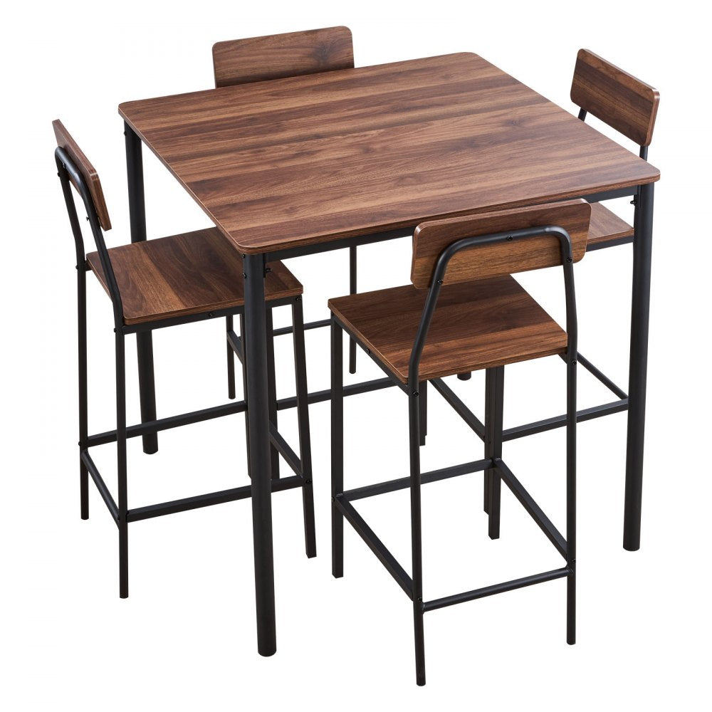 VEVOR Bar Table, 5PCS 35″ Bars Tables Set, Bar Tables and Chair Set with Rounded Edge Design, Square Pub Table with Four Stools for Living Room, Dining Room, Kitchen, Walnut Color, Black