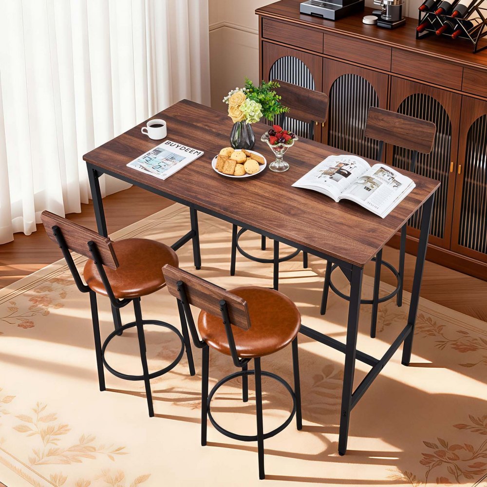 VEVOR Bar Table, 5PCS 47″ Bars Tables Set, Bar Tables and Chair Set with Rounded Edge Design, Rectangular Pub Table with Four Stools for Living Room, Dining Room, Kitchen, Walnut Color, Black