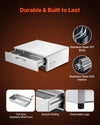 VEVOR drawer warmer build details - stainless steel body and interior, smooth gliding, detachable legs