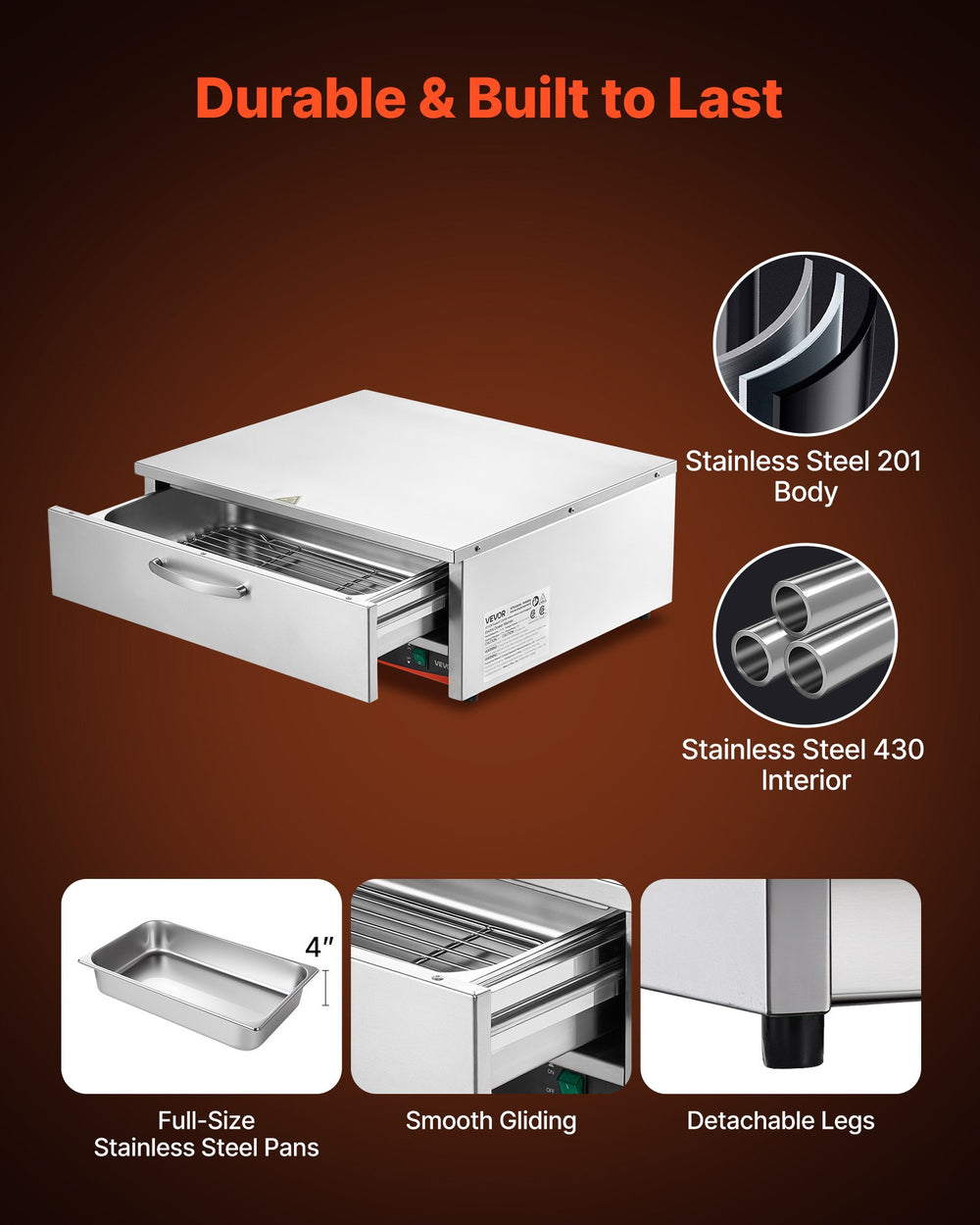 VEVOR drawer warmer build details - stainless steel body and interior, smooth gliding, detachable legs