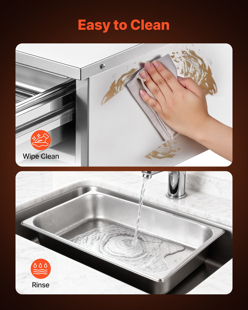 VEVOR drawer warmer easy to clean - wipe clean and rinse removable pan