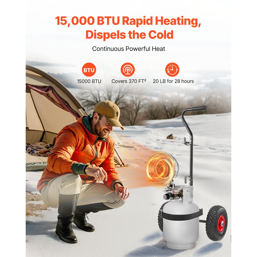 VEVOR Propane Tank Top Heater with Portable Trolley, 15000 BTU Rapid Heating 180-Degree Infrared Radiant Tank Top Gas Heater for 20-40lb Propane Tanks, for Ice Fishing/ Hunting/Outdoor Single Burner