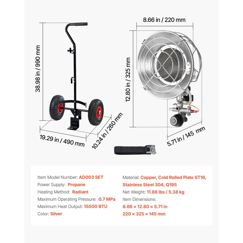 VEVOR Propane Tank Top Heater with Portable Trolley, 15000 BTU Rapid Heating 180-Degree Infrared Radiant Tank Top Gas Heater for 20-40lb Propane Tanks, for Ice Fishing/ Hunting/Outdoor Single Burner