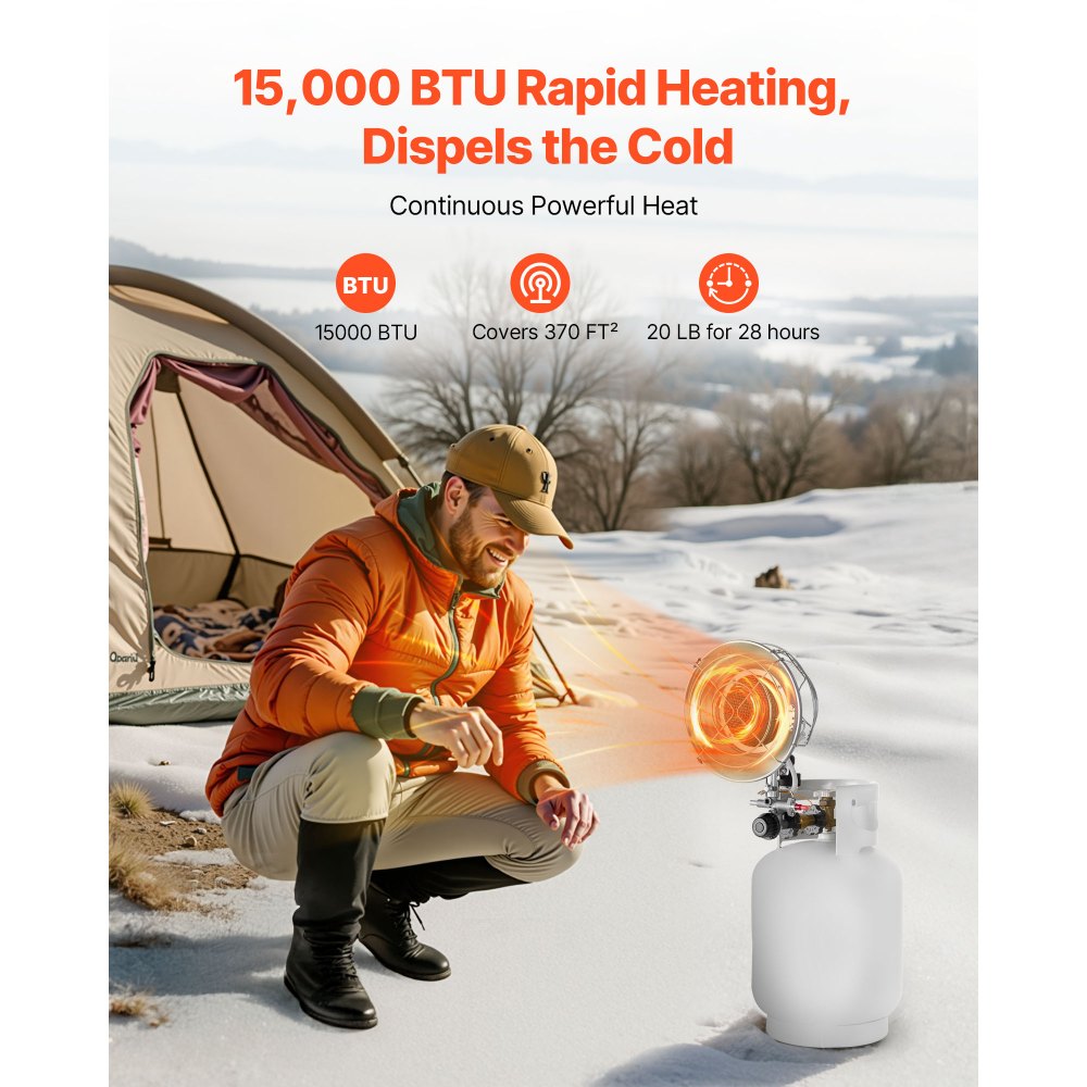VEVOR Propane Tank Top Heater, 15000 BTU Rapid Heating 180-Degree Infrared Radiant Tank Top Gas Heater, Stepless Temperature Adjustment for Ice Fishing/ Hunting/Outdoor Work, Single Burner Round