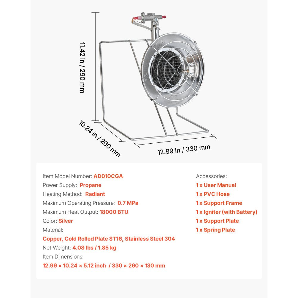 VEVOR Propane Tank Top Heater, for 1lb Small Tanks and 5-40lb Large Tanks, 18000 BTU Rapid Heating 180-Degree Infrared Radiant Tank Top Gas Heater,3 Heat Settings for Ice Fishing,Single Burner