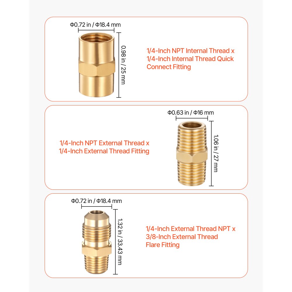 VEVOR RV Propane Quick Connect Fitting Adapter Valve, 7 Pieces, 1/4-Inch Male NPT Full Flow Plug & 3/8-Inch Male Flare Quick Kit for Low Pressure Gas Appliances and RV Propane Quick Connections
