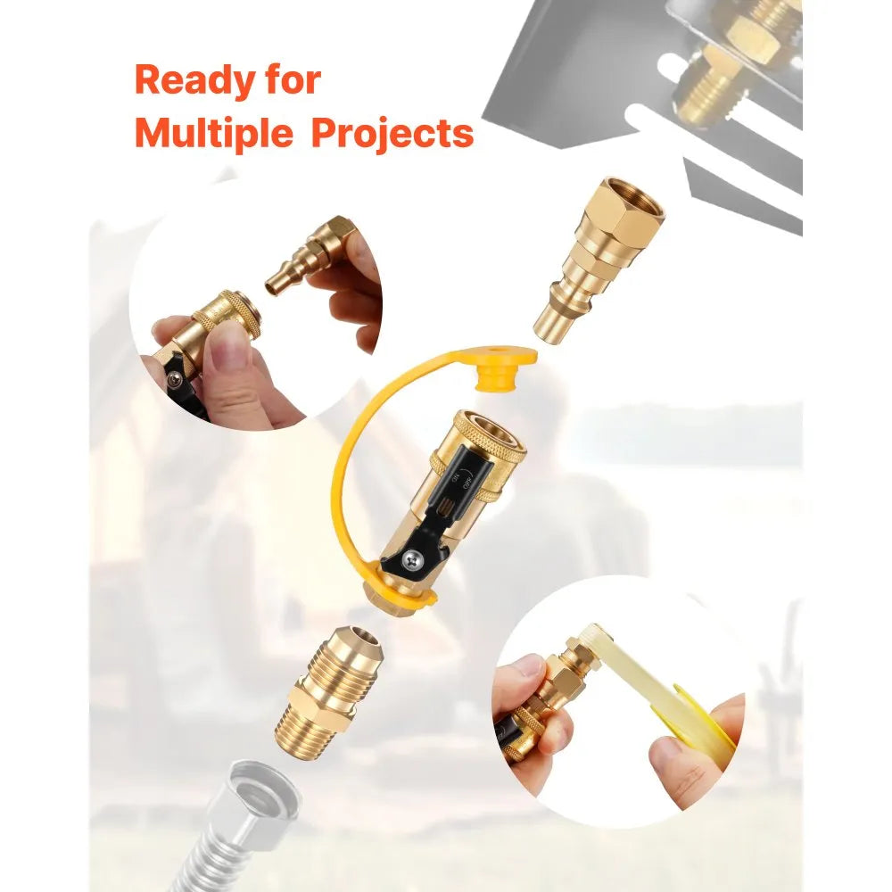 VEVOR RV Propane Quick Connect Fitting Adapter Valve, 7 Pieces, 1/4-Inch Male NPT Full Flow Plug & 3/8-Inch Male Flare Quick Kit for Low Pressure Gas Appliances and RV Propane Quick Connections