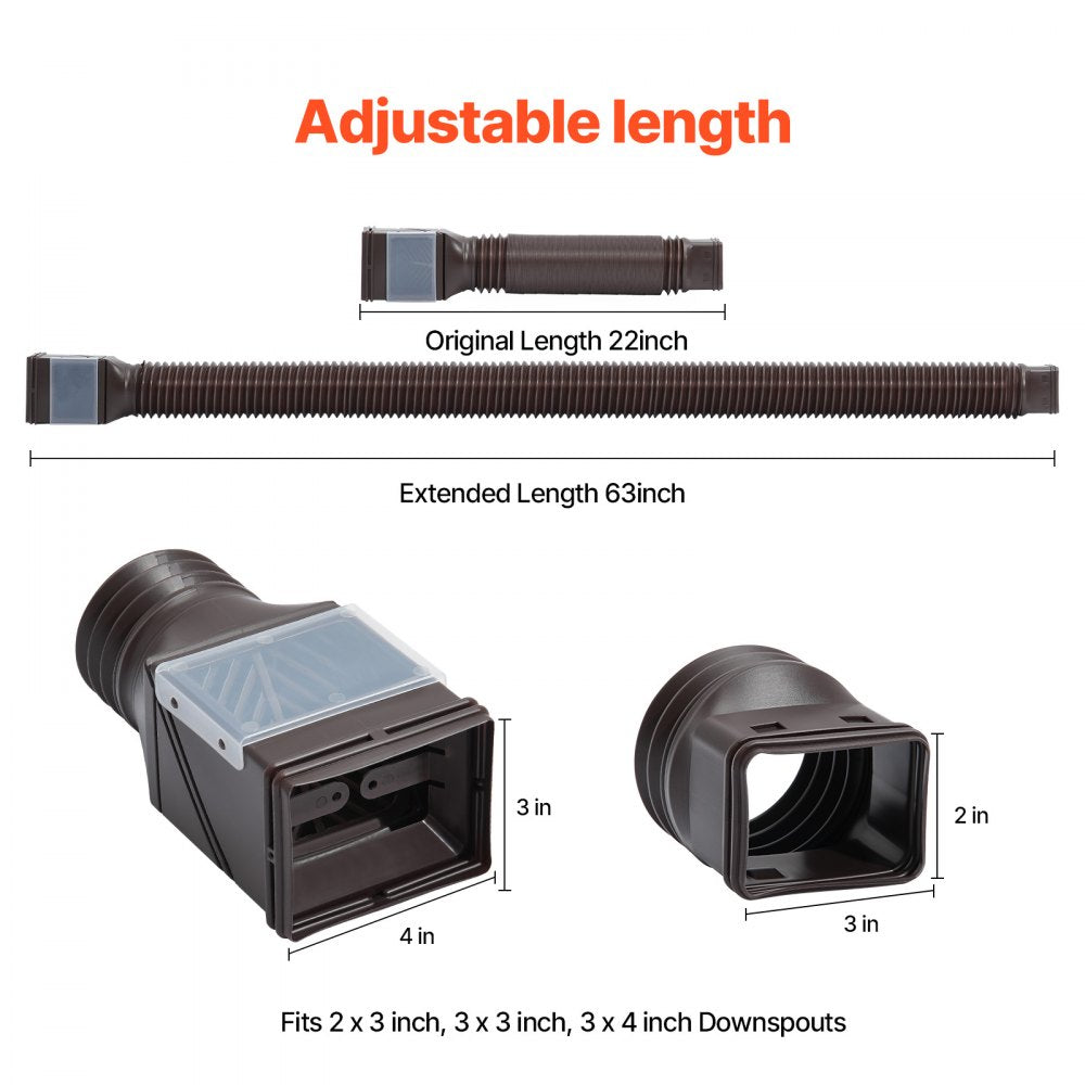 VEVOR Rain Gutter Downspout Extensions, 2-Pack Flexible Downspout Extender, Down Spout Drain Extension Extendable from 22" to 63", Gutter Extensions with Adapters, for Rainwater Drainage, Brown