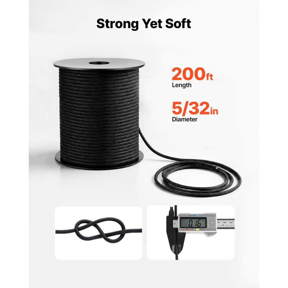 VEVOR Paracord Rope 5/32 in x 200 ft Nylon Parachute Cord 550 Tactical, Survival Cord, Heavy Duty 7 Strand, 600 lbs High Breaking Strength, Utility Rope, for Outdoor Camping & Bracelets, Black