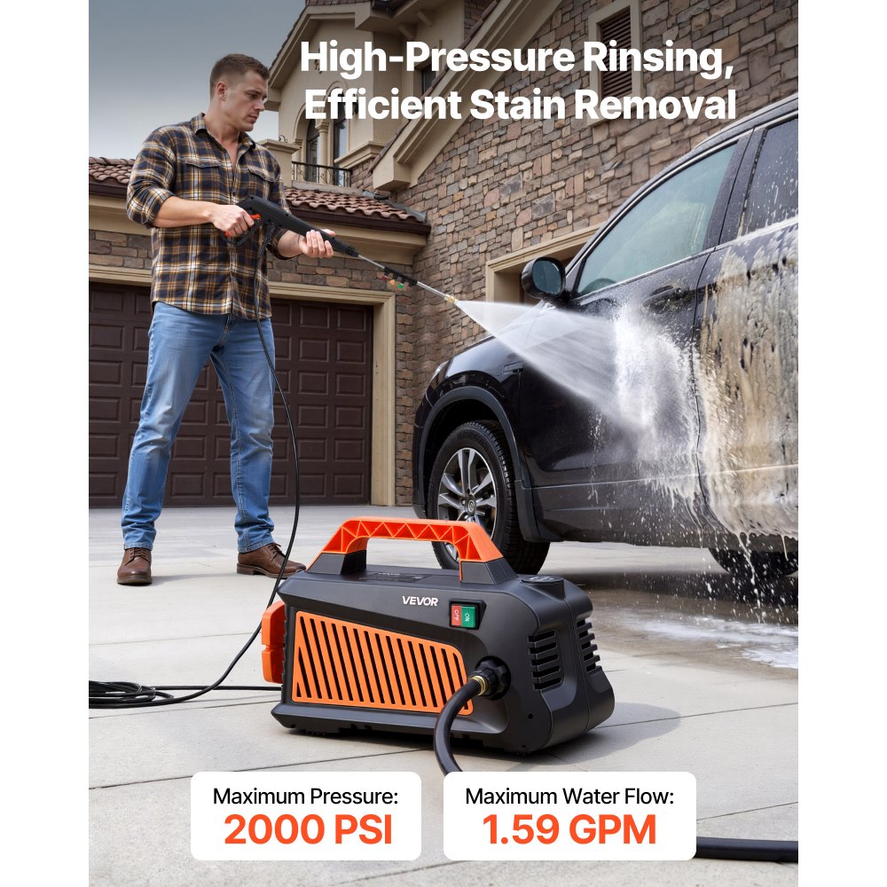 VEVOR Electric Pressure Washer, 2000 Max PSI 1.59 Max GPM, Portable Power Washer with 4 Nozzles, Metal Extension Wand, Built-in Carry Handle, Compact & Flexible for  Cars,Driveways,Patios,Fences,Home