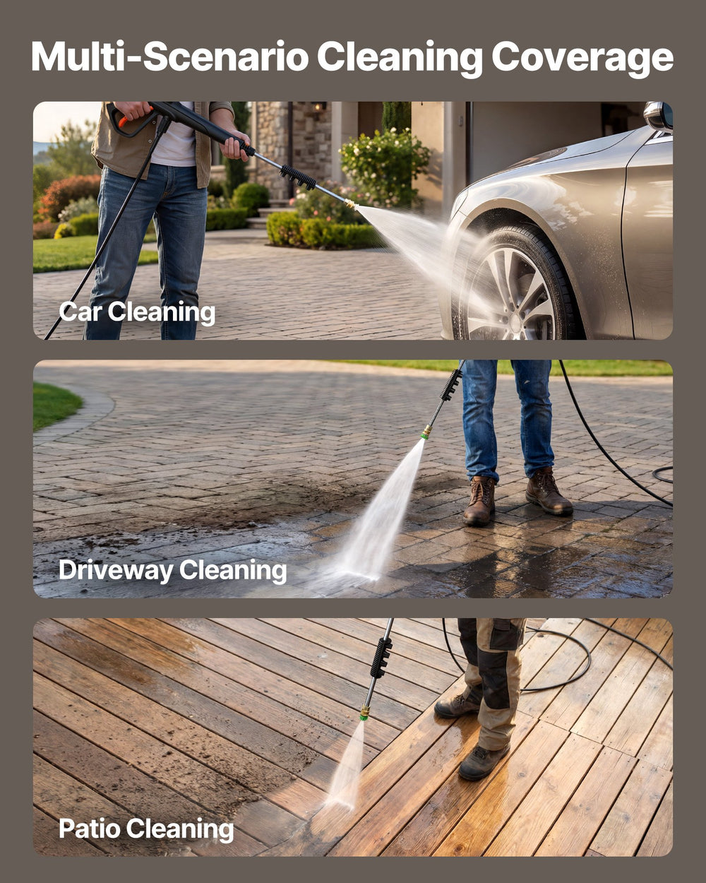 VEVOR Electric Pressure Washer multi-scenario cleaning coverage (car, driveway, patio)