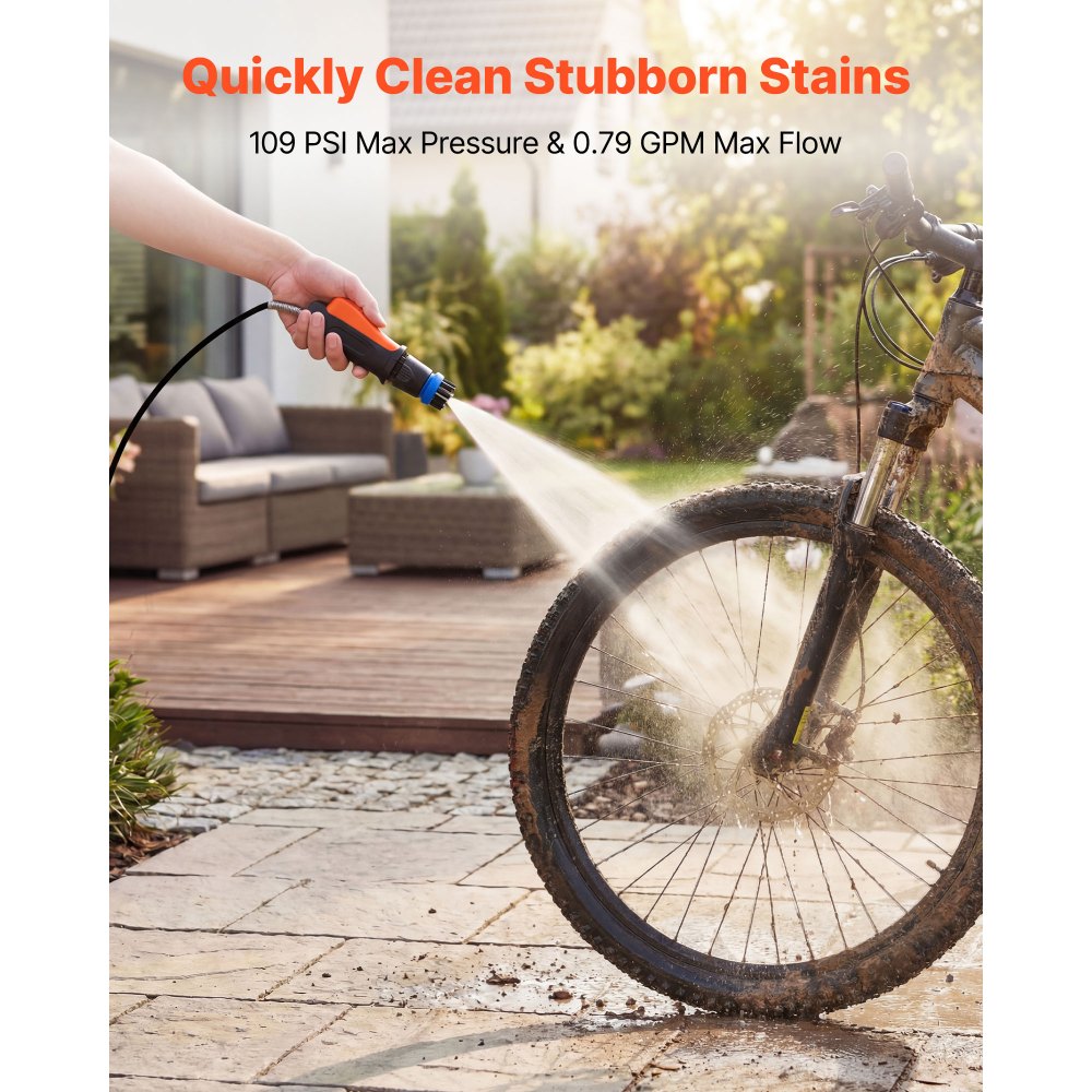 VEVOR Portable Cordless Pressure Washer with 2.64 Gal Tank, Foldable Power Washer 109 Max PSI 0.79 Max GPM, 3 Nozzles,Flexible 78.7 in Hose, Type-C Charging, for Bike Cleaning, Patio, Camping, Garden