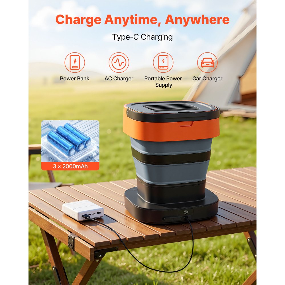 VEVOR Portable Cordless Pressure Washer with 2.64 Gal Tank, Foldable Power Washer 109 Max PSI 0.79 Max GPM, 3 Nozzles,Flexible 78.7 in Hose, Type-C Charging, for Bike Cleaning, Patio, Camping, Garden