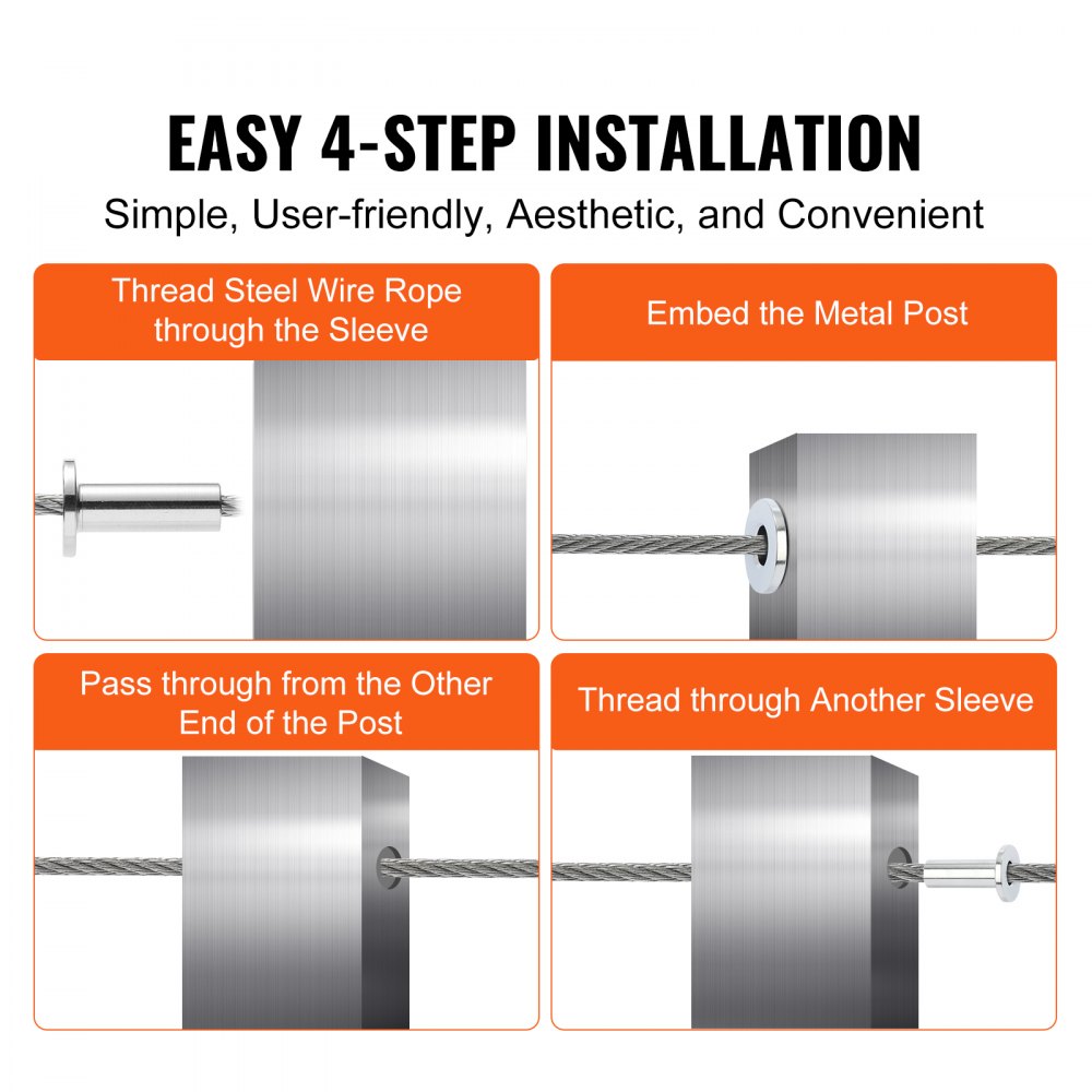 VEVOR 121 Pack T316 Stainless Steel Protector Sleeves for 5/32" 3/16" Wire Rope Cable Railing, DIY Balustrade T316 Marine Grade, Come with A Free Drill Bit, Silver