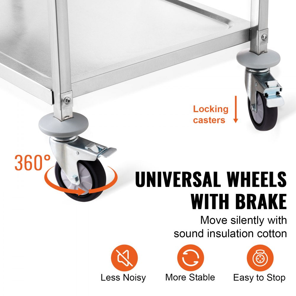 VEVOR Kitchen Utility Cart, 3 Tiers, Wire Rolling Cart with 450LBS Capacity, Steel Service Cart on Wheels, Metal Storage Trolley with 80mm Basket Curved Handle PP Liner 6 Hooks, for Indoor and Outdoor