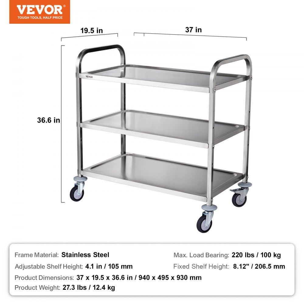 VEVOR Kitchen Utility Cart, 3 Tiers, Wire Rolling Cart with 450LBS Capacity, Steel Service Cart on Wheels, Metal Storage Trolley with 80mm Basket Curved Handle PP Liner 6 Hooks, for Indoor and Outdoor