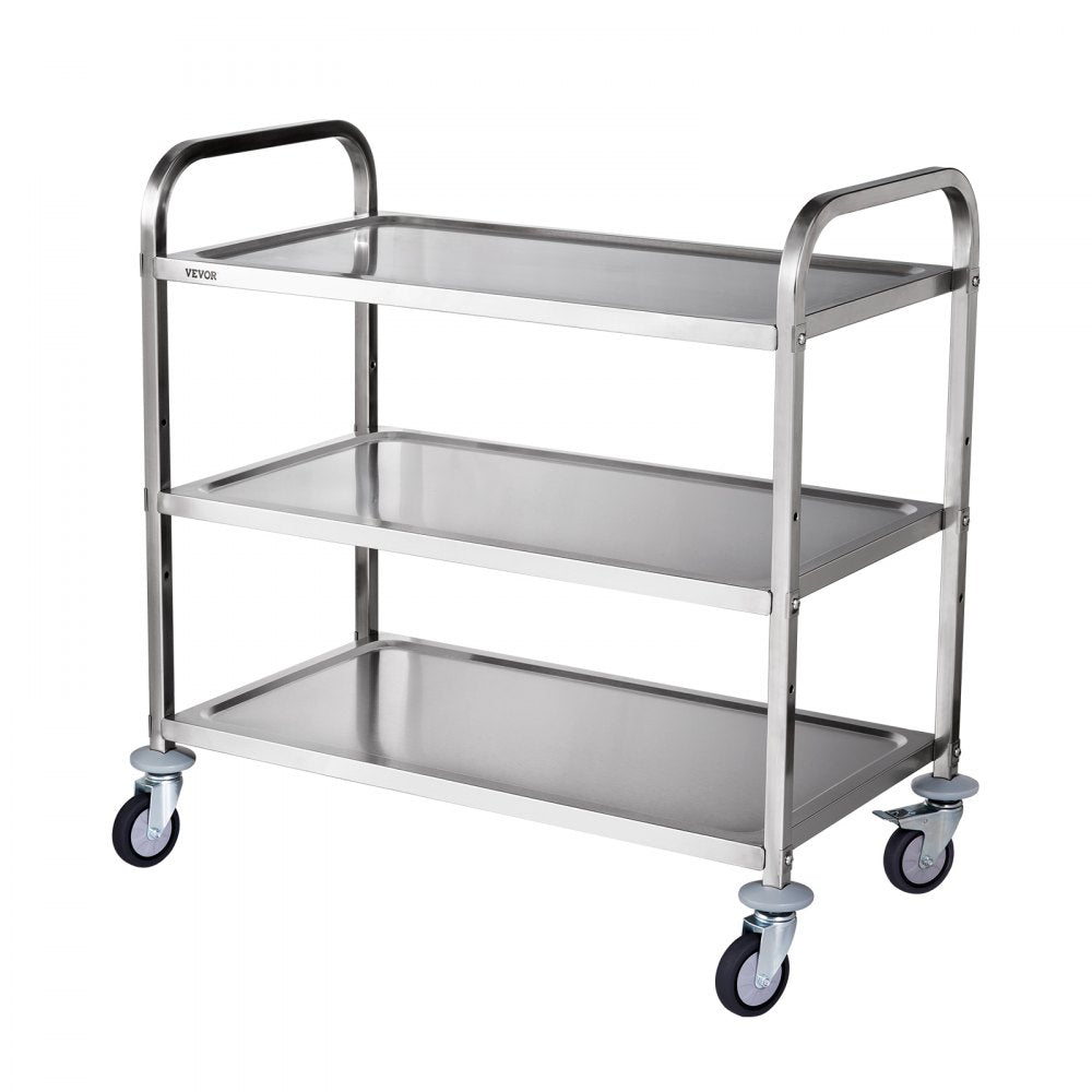 VEVOR Kitchen Utility Cart, 3 Tiers, Wire Rolling Cart with 450LBS Capacity, Steel Service Cart on Wheels, Metal Storage Trolley with 80mm Basket Curved Handle PP Liner 6 Hooks, for Indoor and Outdoor