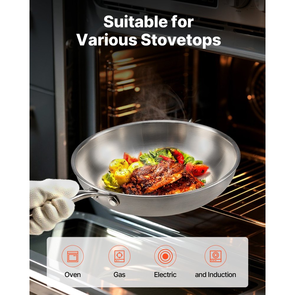VEVOR Tri-Ply Stainless Steel Frying Pan, 3 Pcs Set (8, 10, 12 in), Cooking Skillet with Heat-Resistant Handle, Chef's Kitchen Cookware, Oven, Gas, Electric, Induction, Dishwasher Compatible, Silver