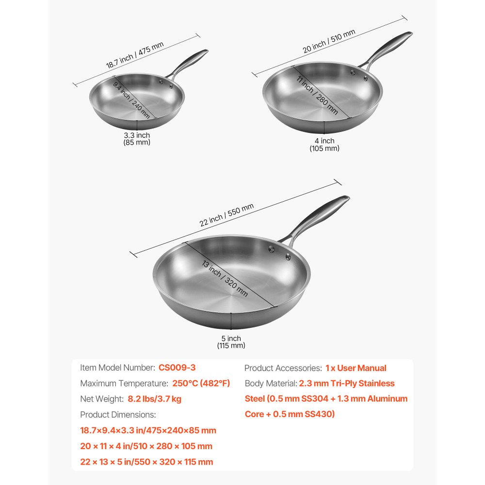 VEVOR Tri-Ply Stainless Steel Frying Pan, 3 Pcs Set (8, 10, 12 in), Cooking Skillet with Heat-Resistant Handle, Chef's Kitchen Cookware, Oven, Gas, Electric, Induction, Dishwasher Compatible, Silver