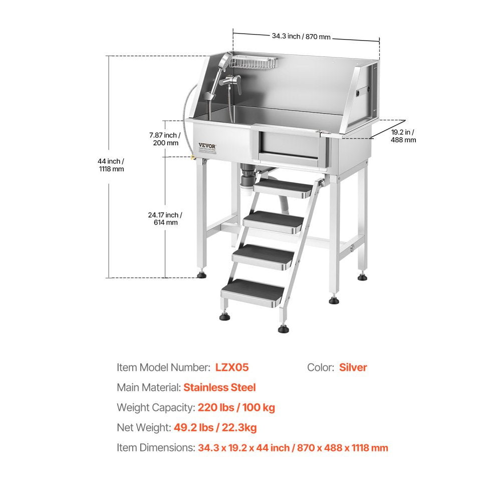 Product size diagram and key specs (34.3 x 19.2 x 44 in)