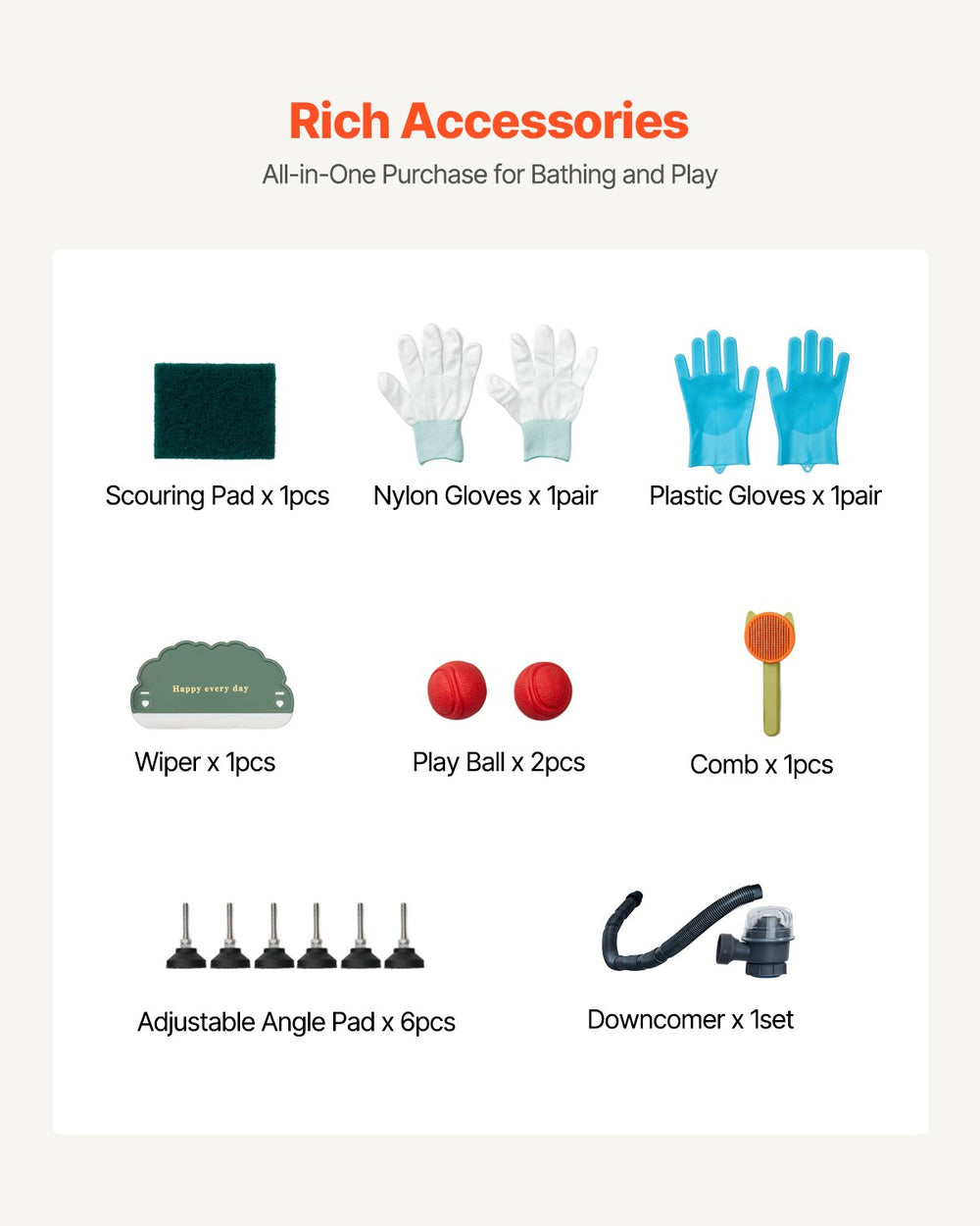 Rich accessories included (scouring pad, gloves, wiper, play balls, comb, pads, downcomer)