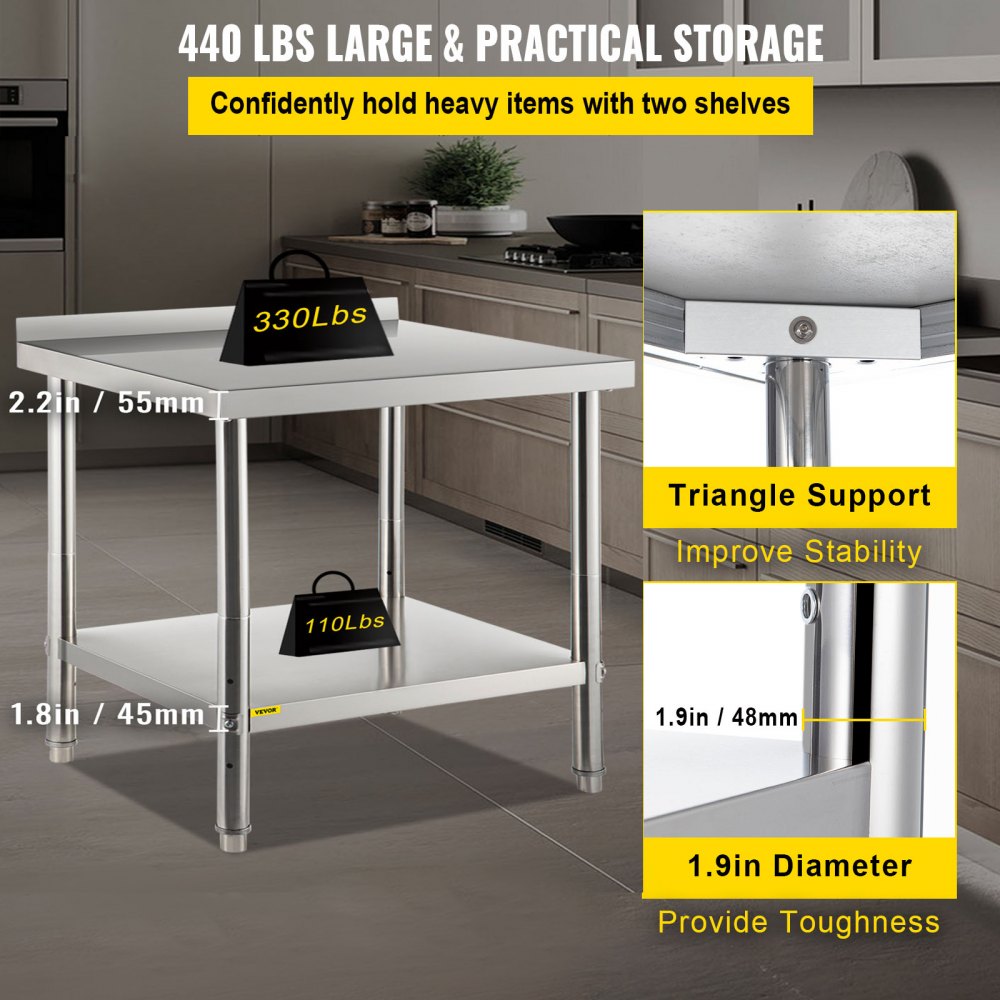 VEVOR Stainless Steel Prep Table, 36 x 24 x 35 Inch, 440lbs Load Capacity Heavy Duty Metal Worktable with Backsplash and Adjustable Undershelf, Commercial Workstation for Kitchen Restaurant