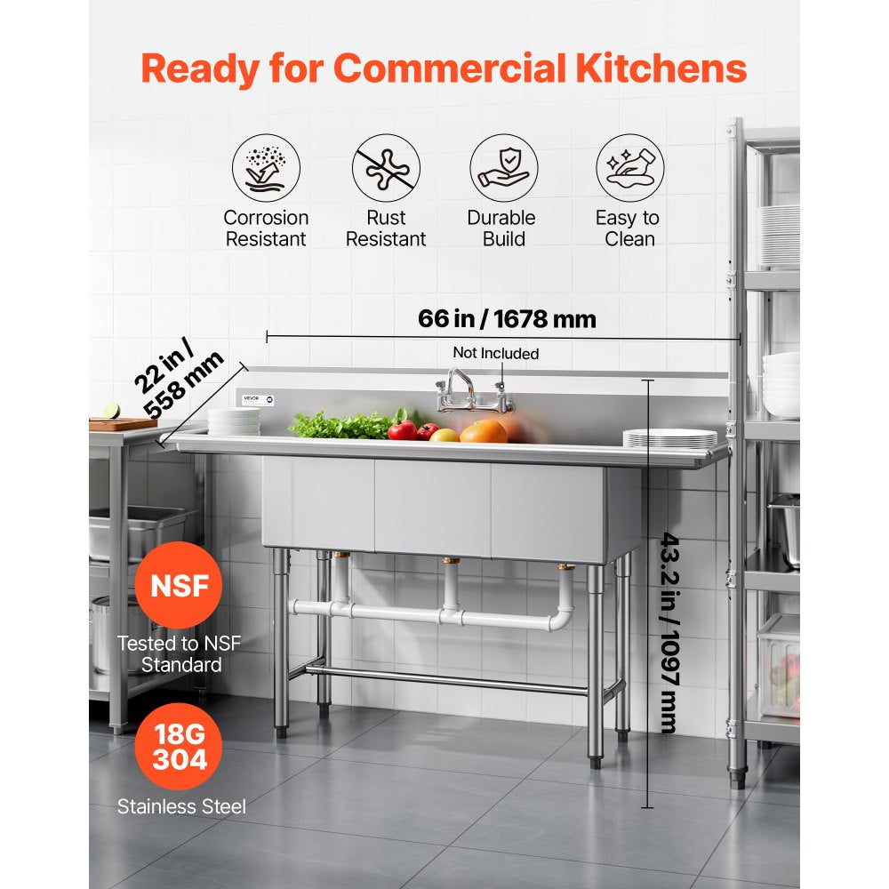 VEVOR 3 Compartment Sink, 18-Gauge 304 Stainless Steel, 14" x 16" x 11" Bowl Size, 3 Bay Commercial Kitchen Prep & Utility Sink with 2 Drainboards and Backsplash for Restaurant, Food Truck & Home Use