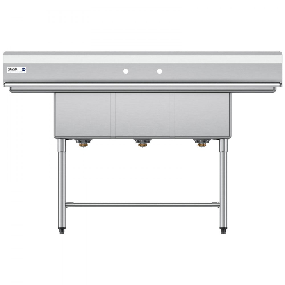 VEVOR 3 Compartment Sink, 18-Gauge 304 Stainless Steel, 14" x 16" x 11" Bowl Size, 3 Bay Commercial Kitchen Prep & Utility Sink with 2 Drainboards and Backsplash for Restaurant, Food Truck & Home Use