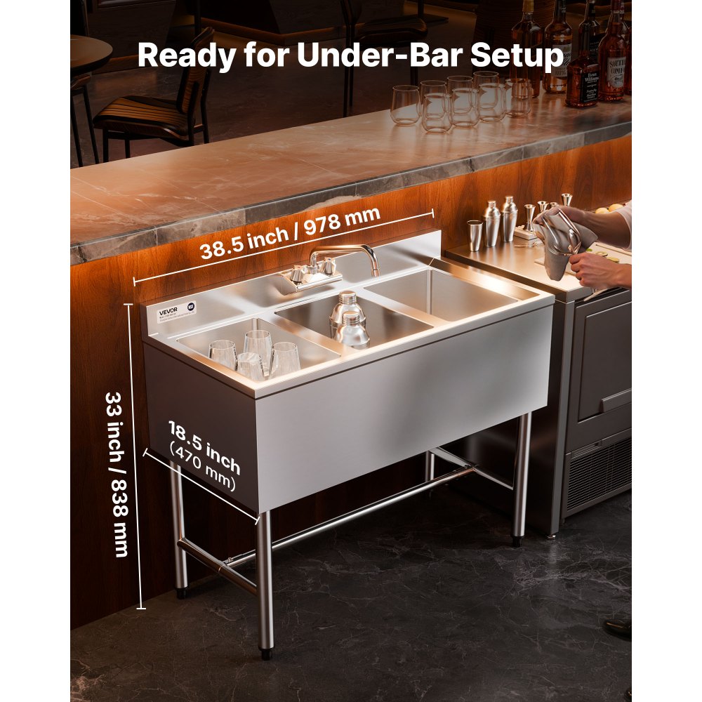 VEVOR 3 Compartment Sink, 18-Gauge 304 Stainless Steel, 10" x 14" x 10" Bowl Size, 3 Bay Commercial Under Bar Sink with Backsplash and Efficient Drainage for Kitchen, Restaurant, Food Truck & Home Use