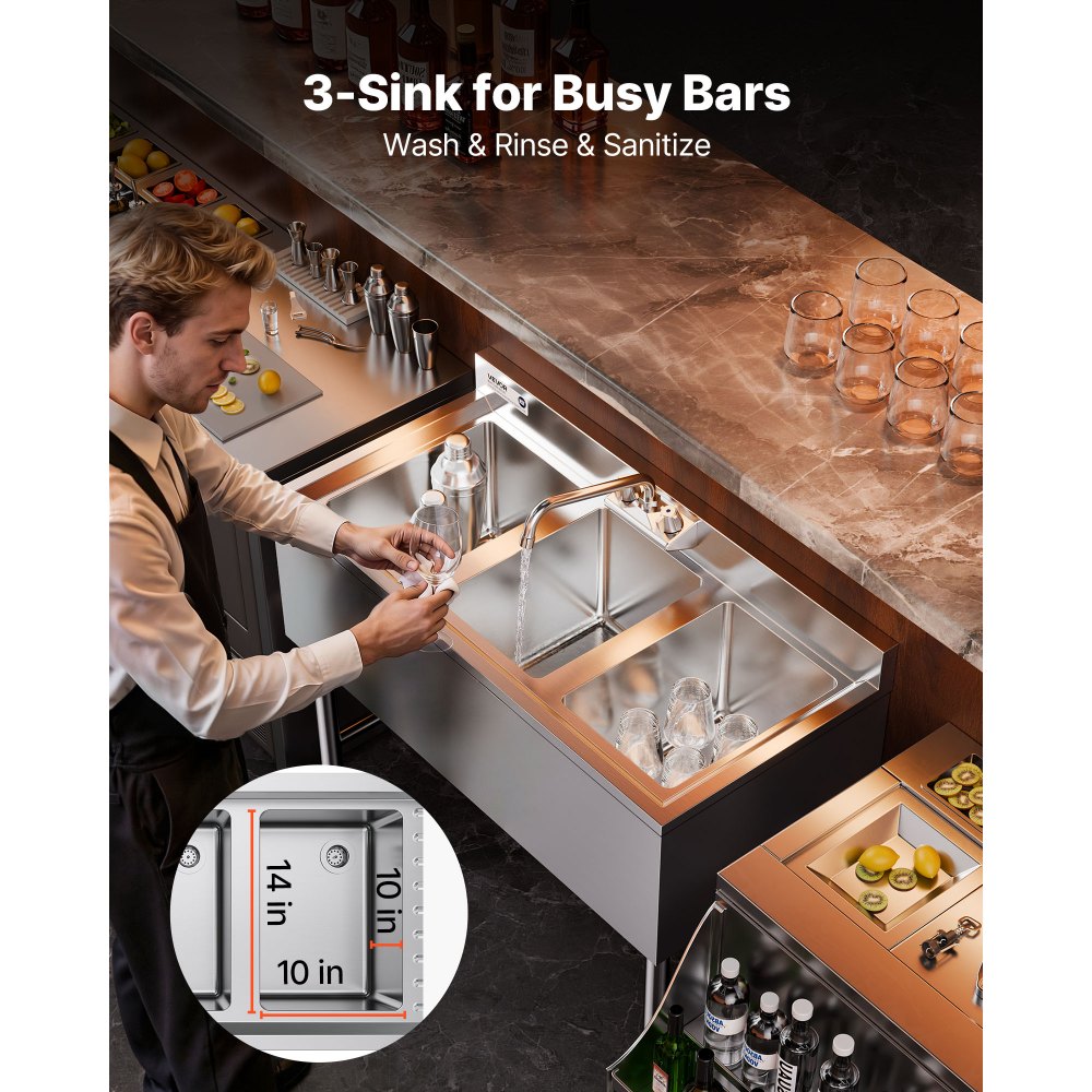 VEVOR 3 Compartment Sink, 18-Gauge 304 Stainless Steel, 10" x 14" x 10" Bowl Size, 3 Bay Commercial Under Bar Sink with Backsplash and Efficient Drainage for Kitchen, Restaurant, Food Truck & Home Use