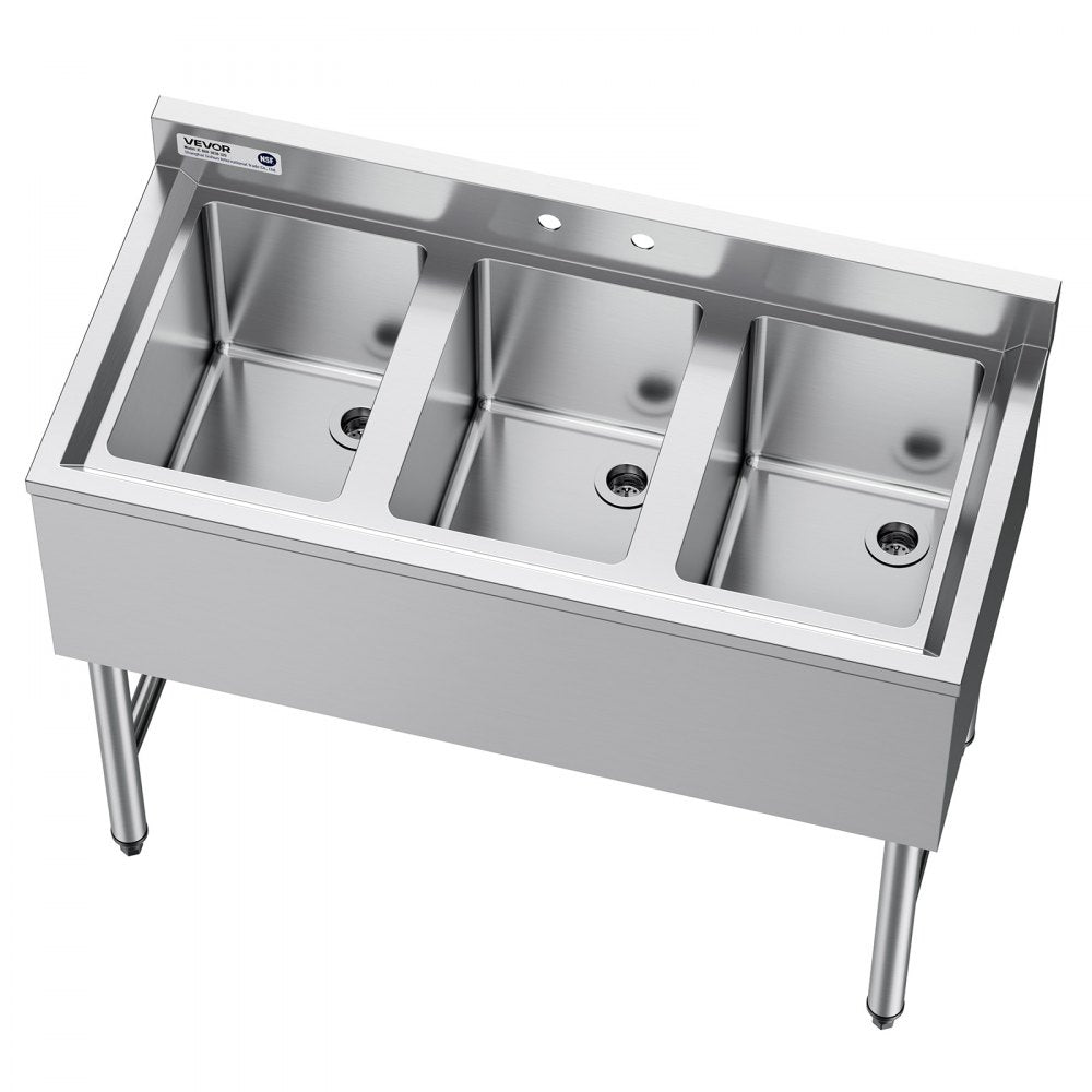 VEVOR 3 Compartment Sink, 18-Gauge 304 Stainless Steel, 10" x 14" x 10" Bowl Size, 3 Bay Commercial Under Bar Sink with Backsplash and Efficient Drainage for Kitchen, Restaurant, Food Truck & Home Use