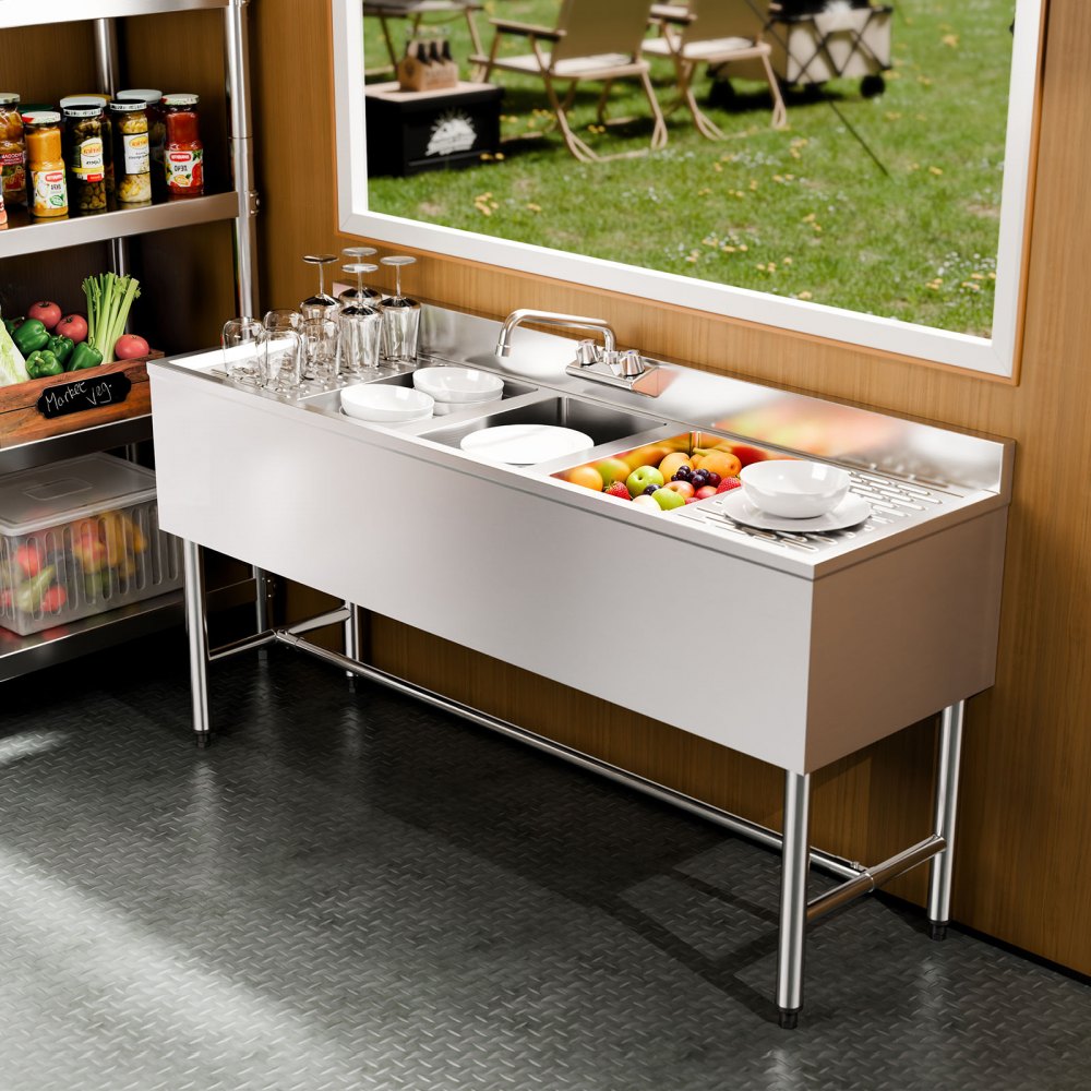 VEVOR 3 Compartment Sink, 18-Gauge 304 Stainless Steel, 10" x 14" x 10" Bowl Size, 3 Bay Commercial Under Bar Sink with Double Drainboard and Backsplash for Kitchen, Restaurant, Food Truck & Home Use