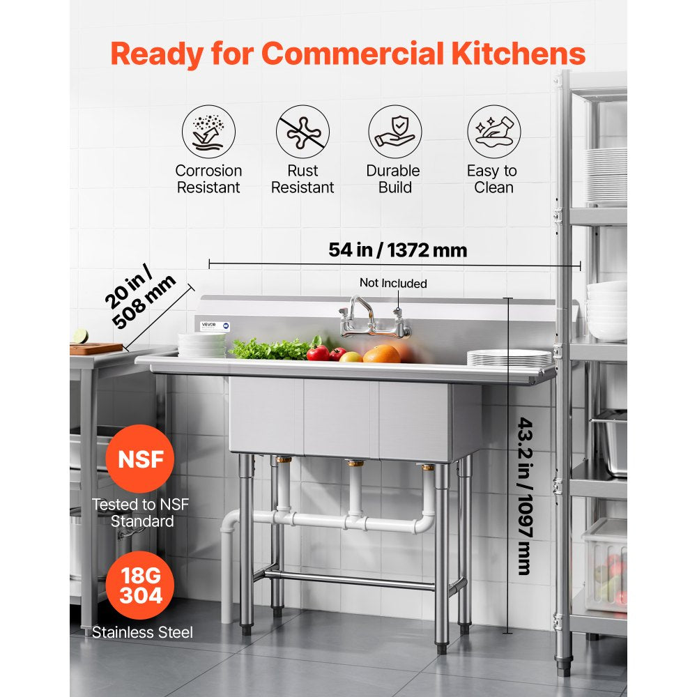 VEVOR 3 Compartment Sink, 18-Gauge 304 Stainless Steel, 10" x 14" x 10" Bowl Size, 3 Bay Commercial Kitchen Prep & Utility Sink with 2 Drainboards and Backsplash for Restaurant, Food Truck & Home Use