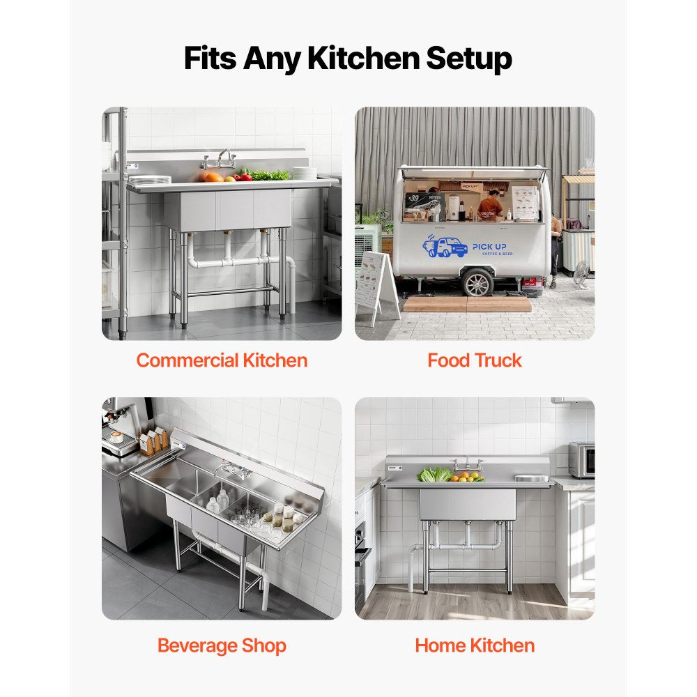VEVOR 3 Compartment Sink, 18-Gauge 304 Stainless Steel, 10" x 14" x 10" Bowl Size, 3 Bay Commercial Kitchen Prep & Utility Sink with 2 Drainboards and Backsplash for Restaurant, Food Truck & Home Use