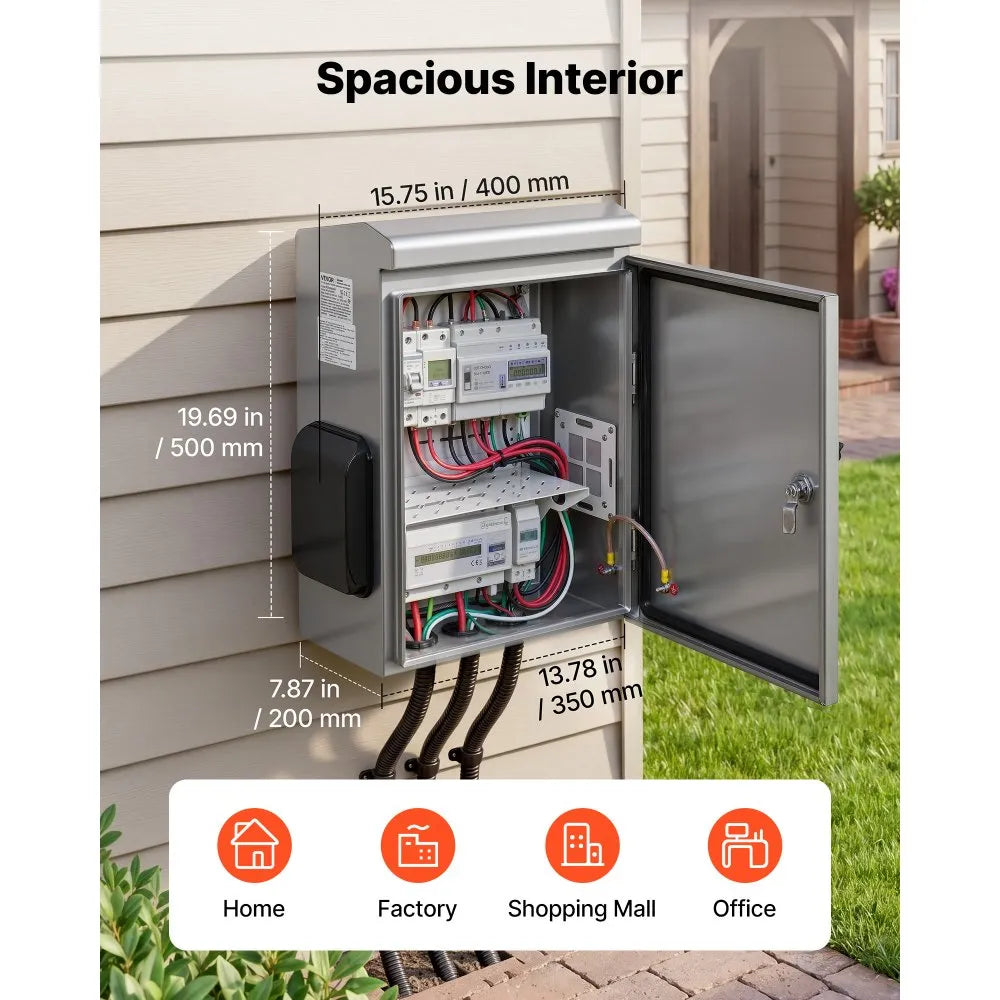 VEVOR Outdoor Electrical Box, 20 x 16 x 8 in, Stainless Steel Ventilated Electrical Enclosure with Thermostat and Fan, Rain Hood, Hinge Connection, IP65 Waterproof Junction Box, Wall/Pole Mounted,