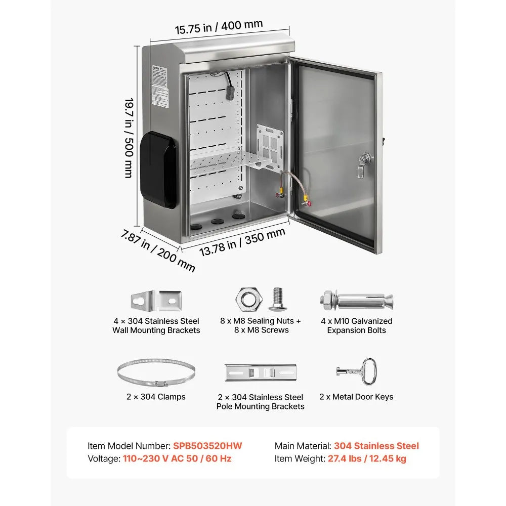 VEVOR Outdoor Electrical Box, 20 x 16 x 8 in, Stainless Steel Ventilated Electrical Enclosure with Thermostat and Fan, Rain Hood, Hinge Connection, IP65 Waterproof Junction Box, Wall/Pole Mounted,